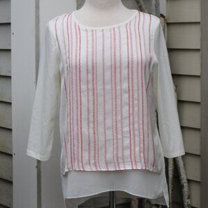 Foxcroft White w Red Embroidered Zigzag Stripes Layered Long Sleeve Top MEDIUM